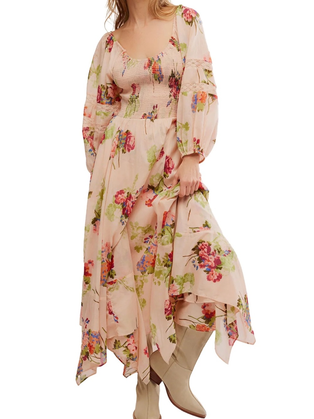 Free People 100% Cotton Tea Morning Pink Floral Smocked Maxi Dress - Picture 2 of 8